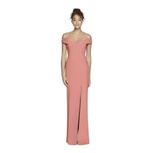 DESSY COLLECTION OFF THE SHOULDER CRISS CROSS BACK TRUMPET GOWN IN DESERT ROSE